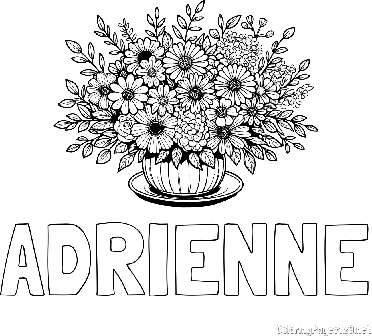 ADRIENNE Coloring Page and Beautiful Bouquet of Flowers Coloring Page