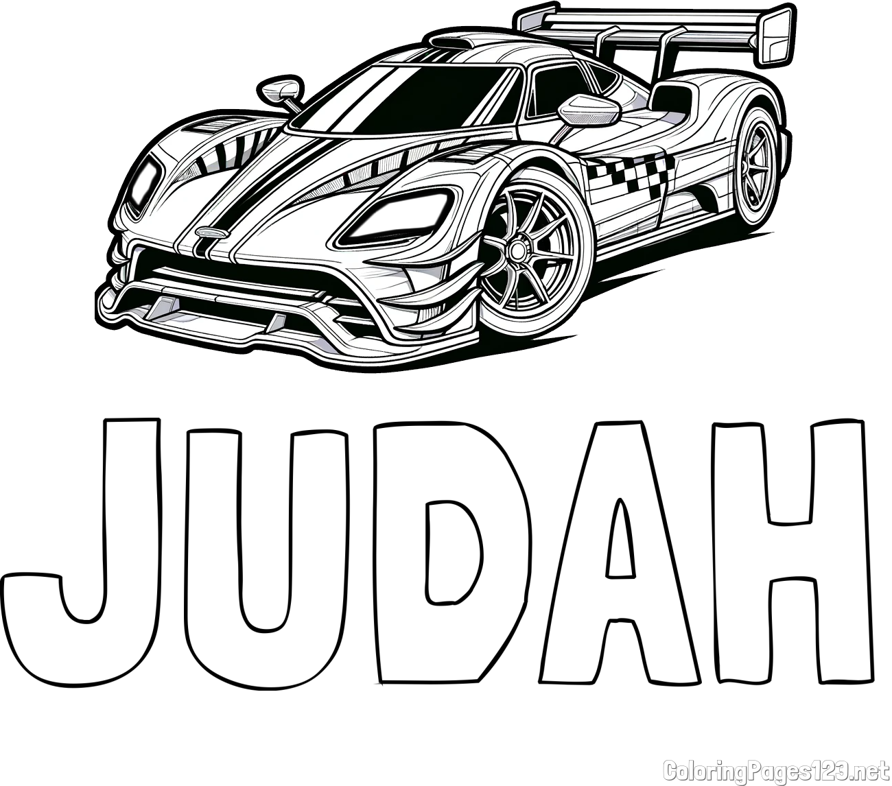 JUDAH Coloring Page and Coloring Page of a Futuristic Racing Car