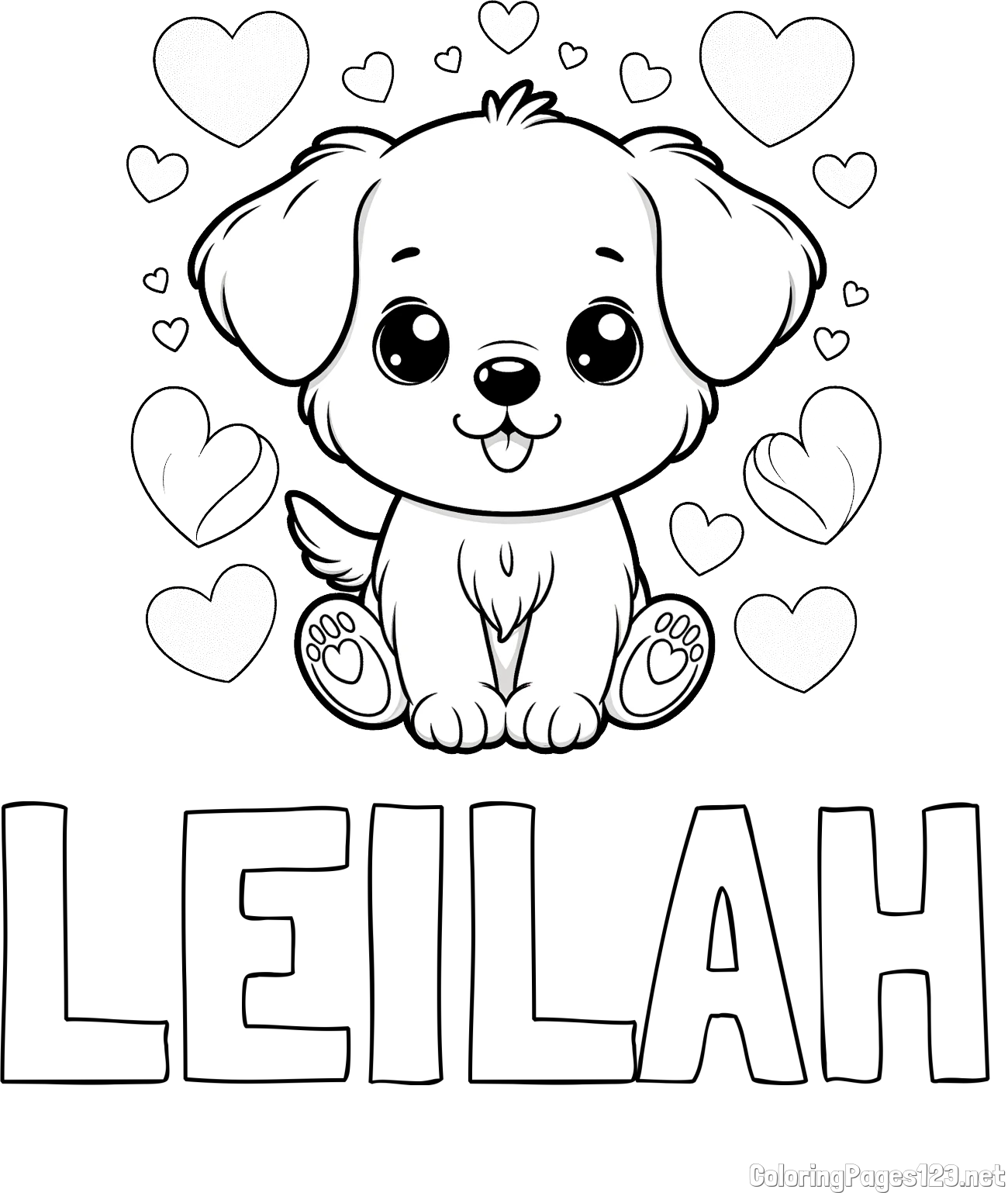 LEILAH Coloring Page and Coloring Page of a Cute Dog and Hearts