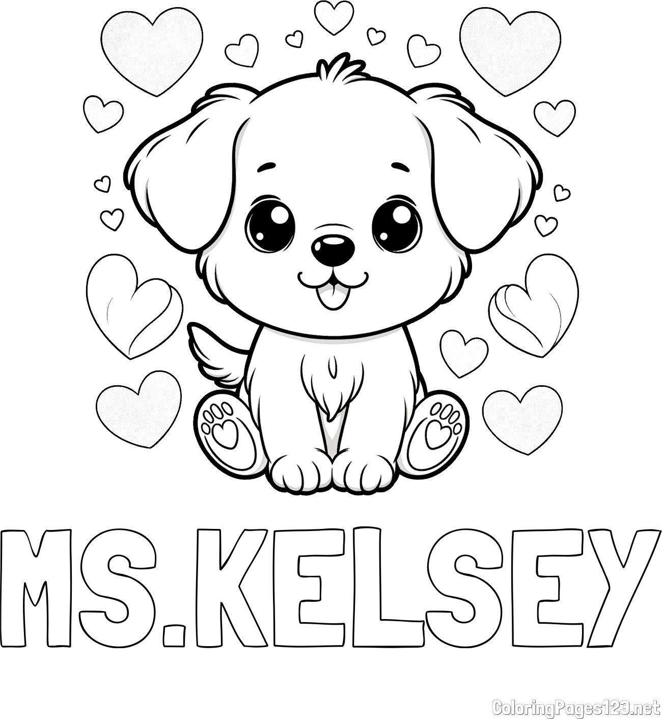 MS.KELSEY Coloring Page and Coloring Page of a Cute Dog and Hearts