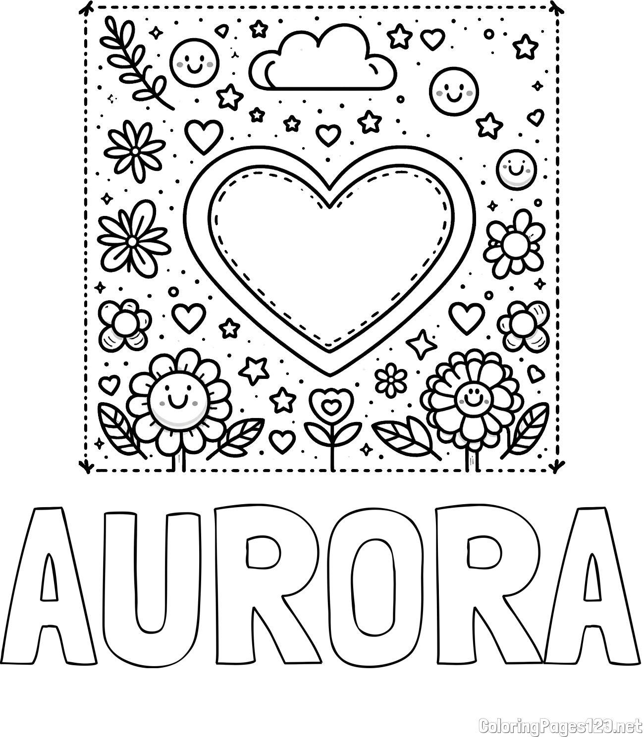 AURORA Coloring Page and Free Printable Coloring Page of Heart and Flowers