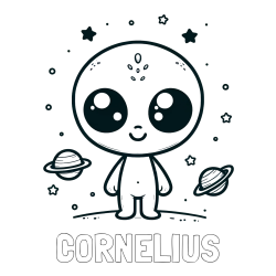Online Created Coloring Page - CORNELIUS Coloring Page and Cute Alien Coloring Page - Smiling with Planets and Stars