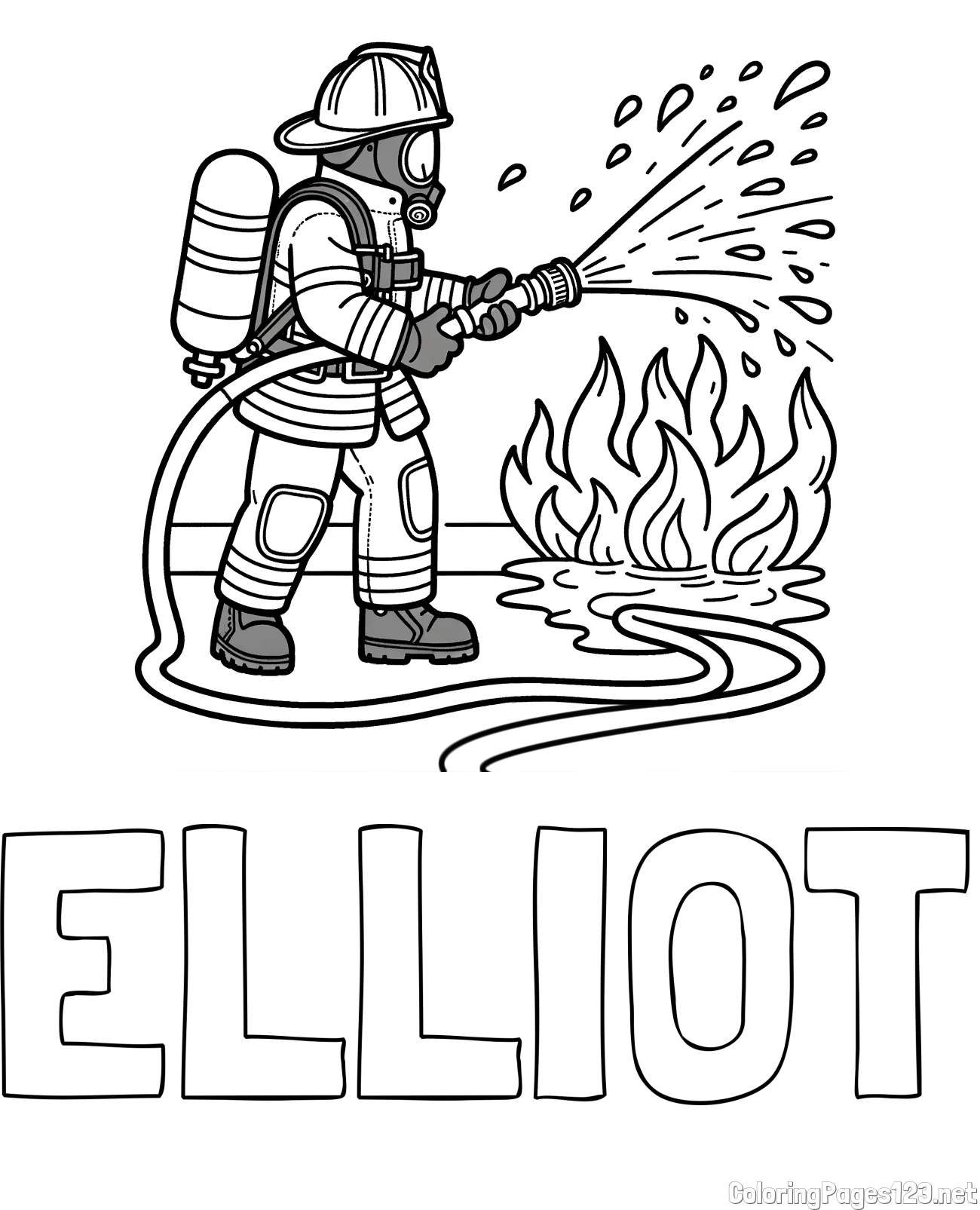 ELLIOT Coloring Page and A coloring page of a firefighter and a big fire