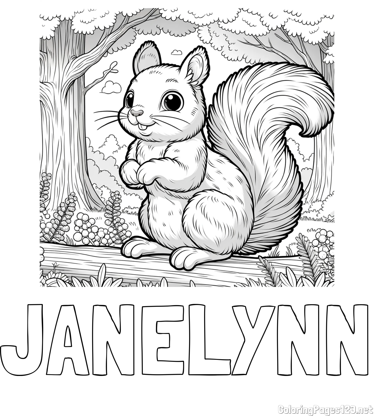 JANELYNN Coloring Page and Coloring Page of a Squirrel in a Forest