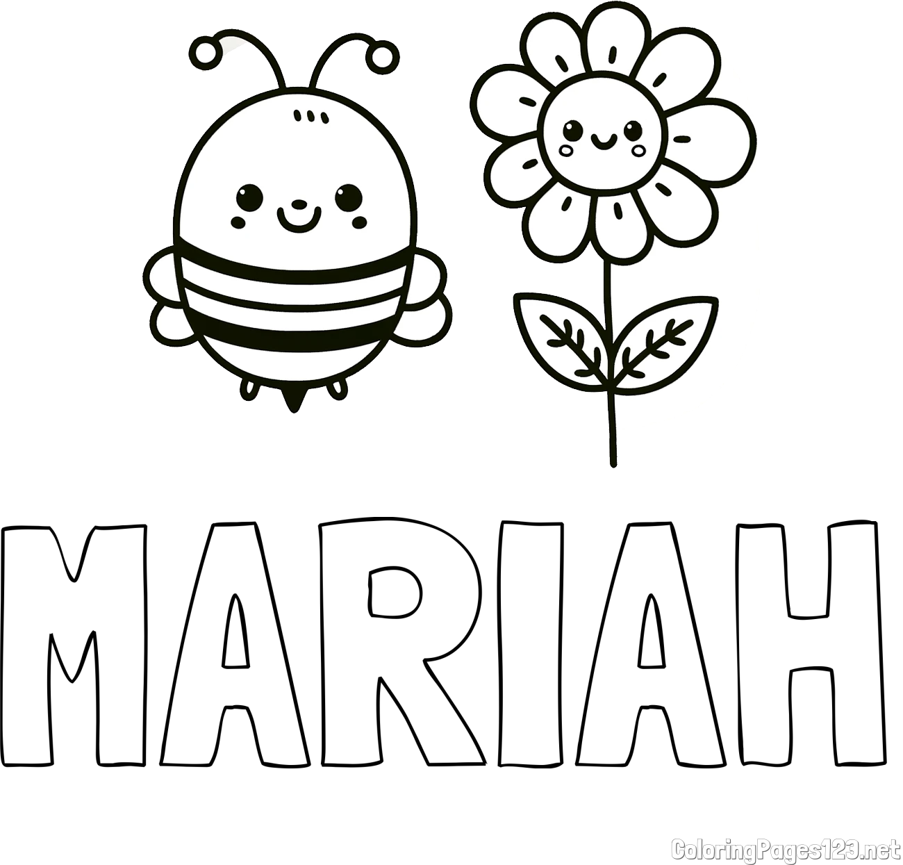 MARIAH Coloring Page and Coloring Page of a Cute Bee and Smiling Flowers