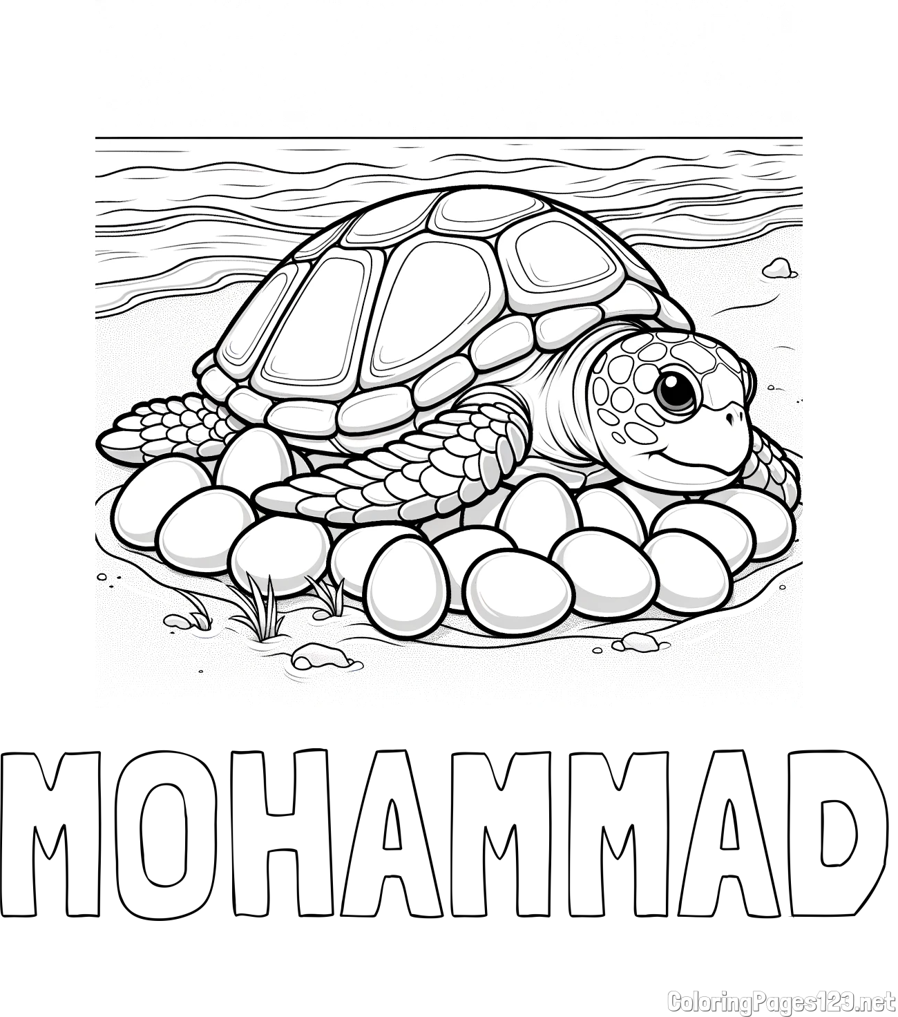 MOHAMMAD Coloring Page and Coloring Page of a Realistic Sea Turtle Laying Eggs