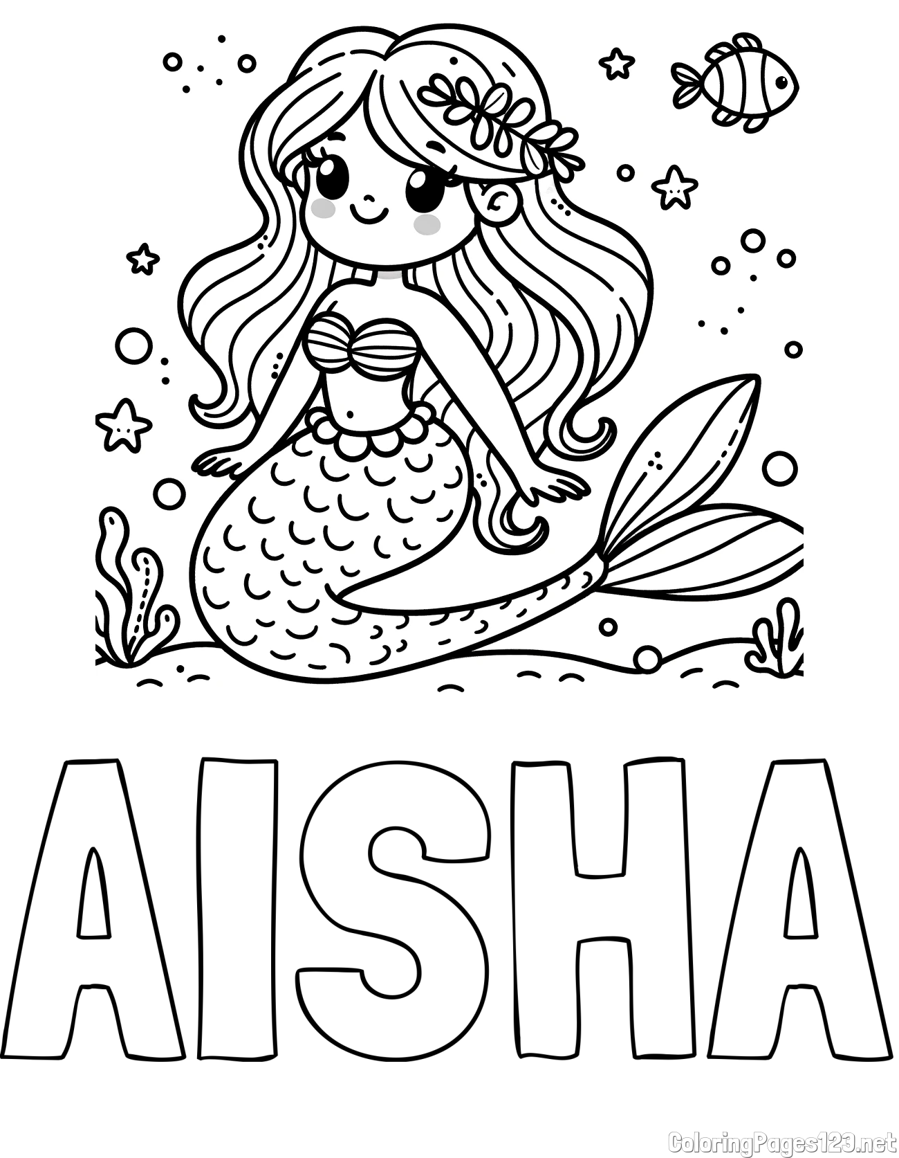 AISHA Coloring Page and Coloring Page of a Cute Mermaid in the Sea