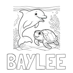Online Created Coloring Page - BAYLEE Coloring Page and Coloring Book of a Cute Dolphin with a Turtle in the Sea