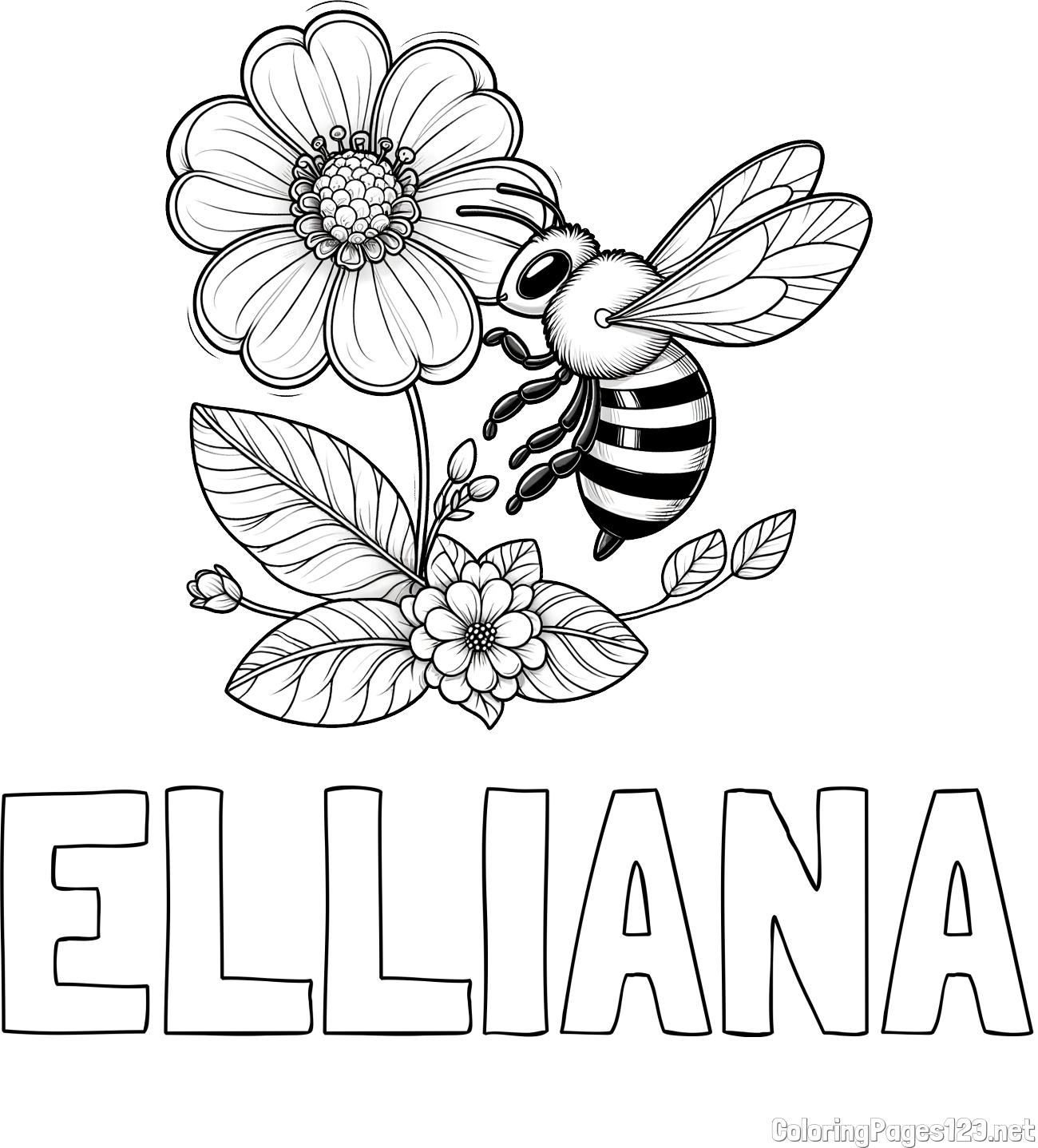 ELLIANA Coloring Page and Children's Coloring Book of a Little Bee and Flowers