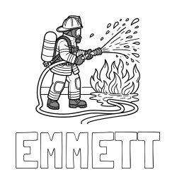 Online Created Coloring Page - EMMETT Coloring Page and A coloring page of a firefighter and a big fire