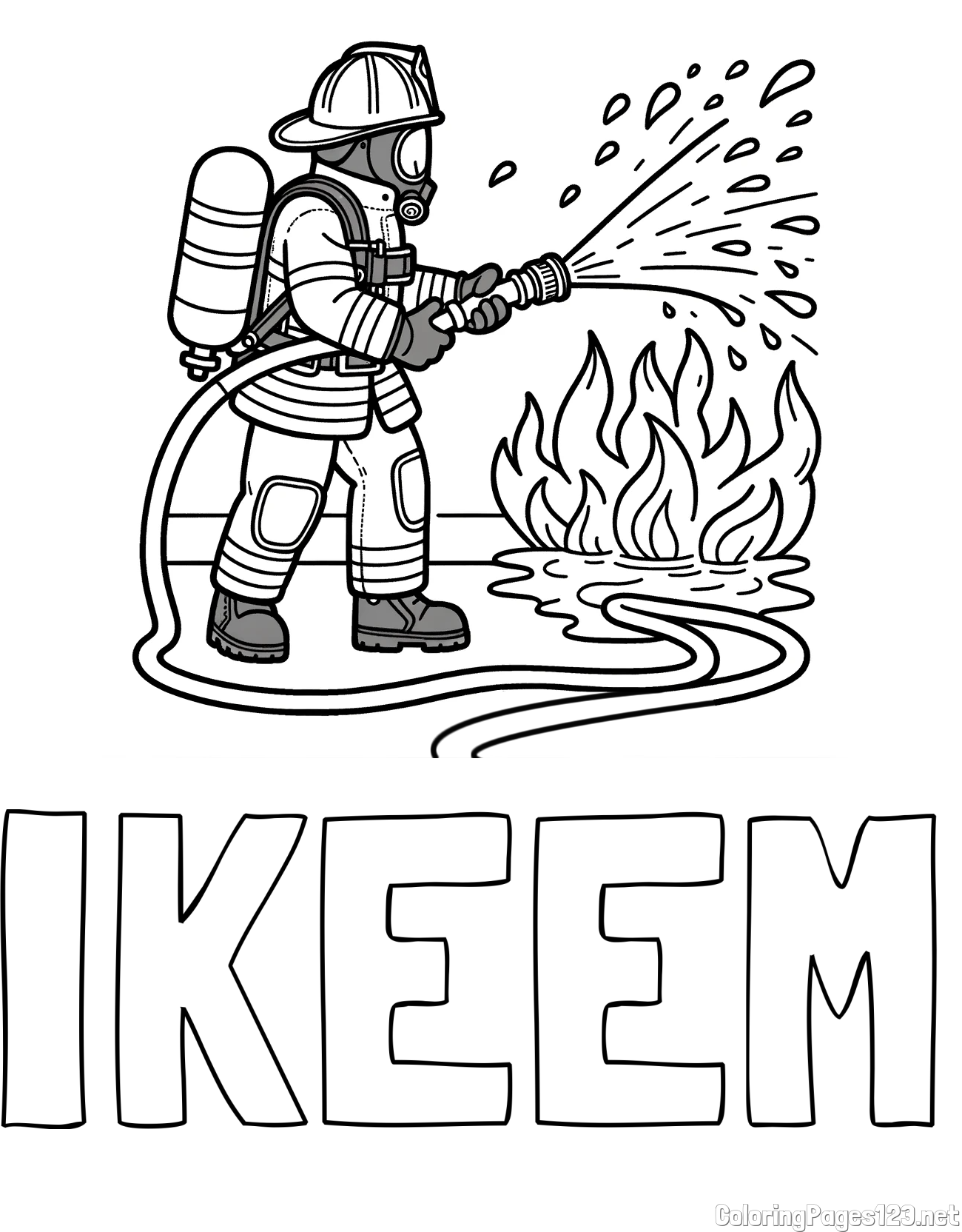 IKEEM Coloring Page and A coloring page of a firefighter and a big fire