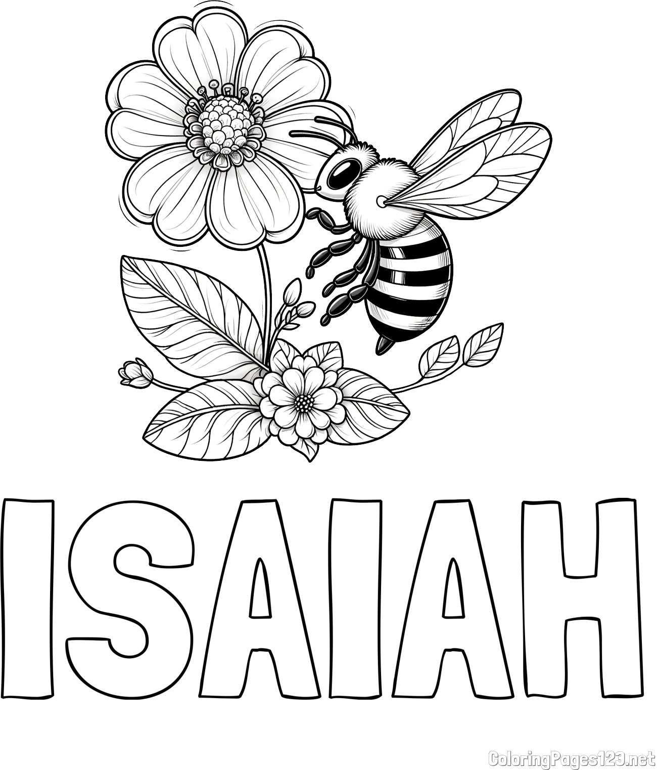 ISAIAH Coloring Page and Children's Coloring Book of a Little Bee and Flowers
