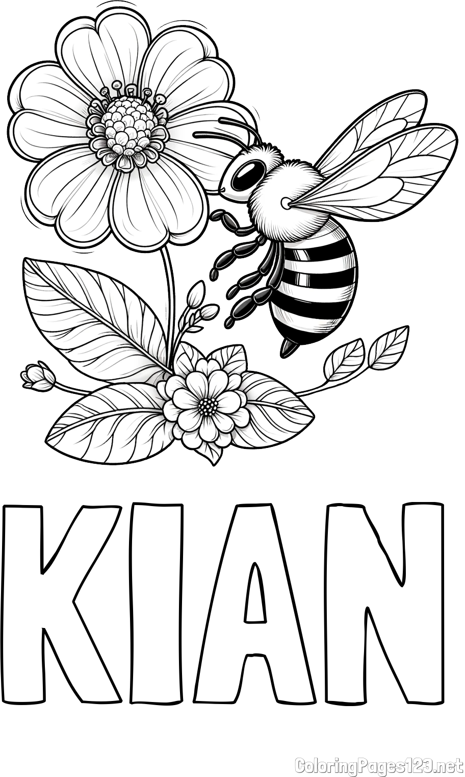KIAN Coloring Page and Children's Coloring Book of a Little Bee and Flowers