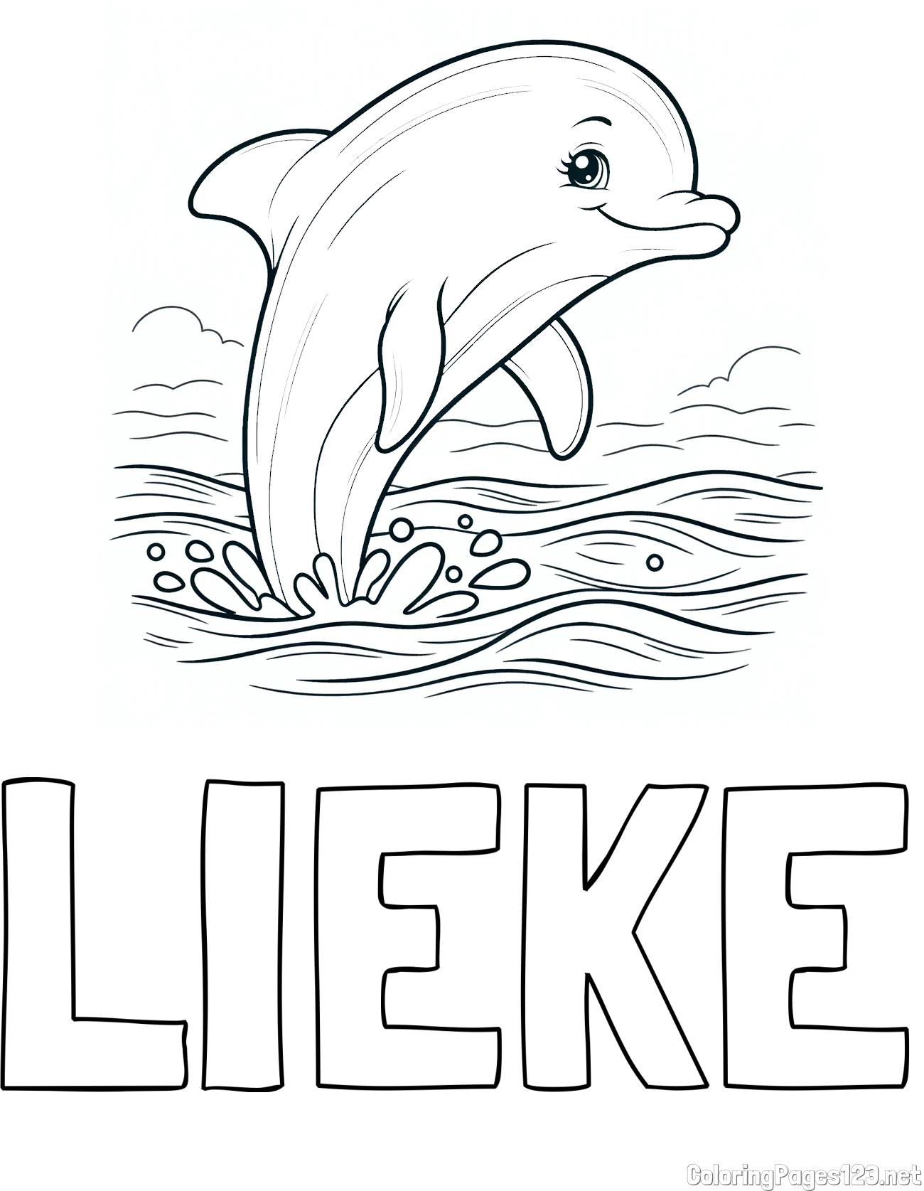 LIEKE Coloring Page and Coloring Page of a Smiling Dolphin Jumping