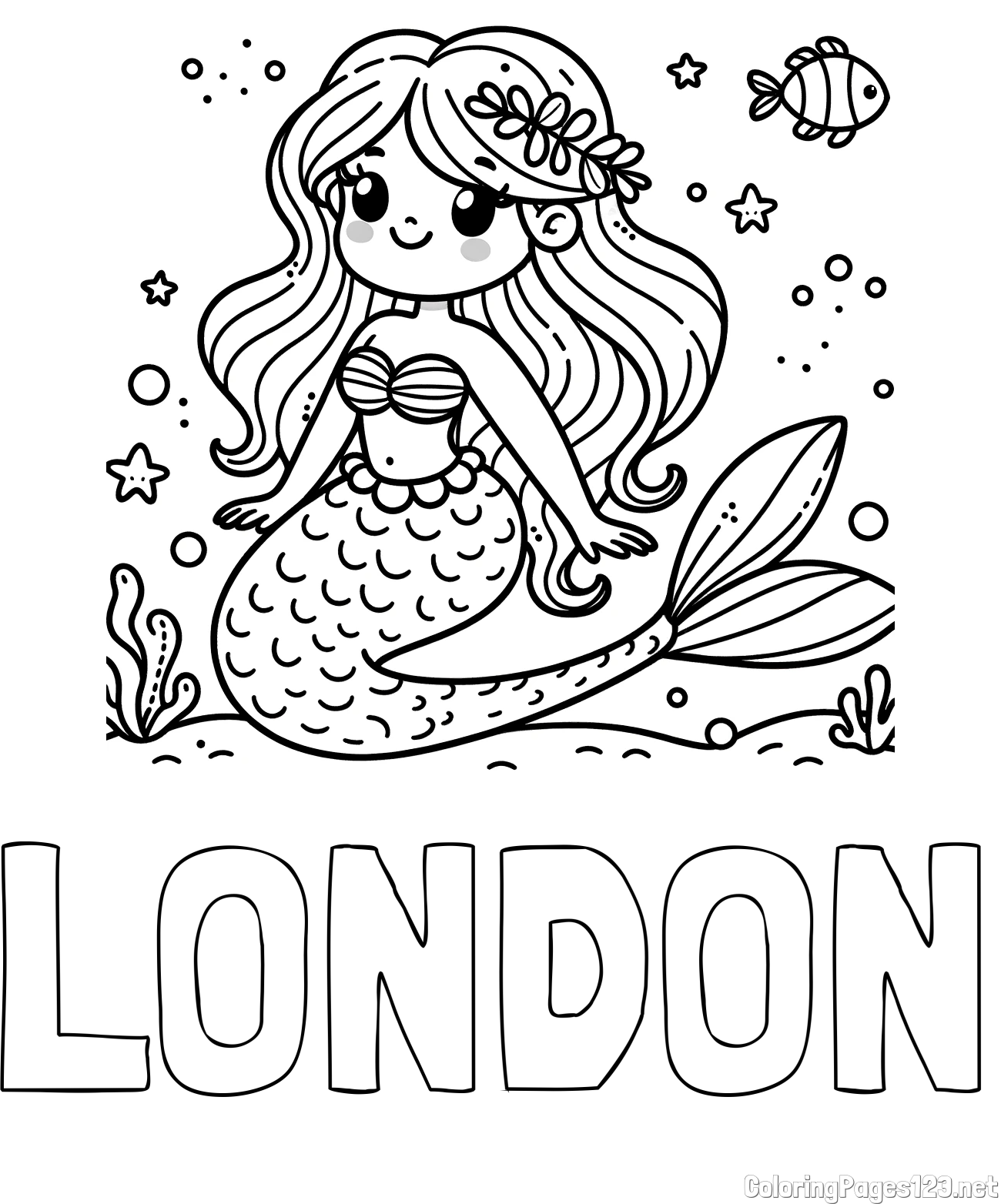 LONDON Coloring Page and Coloring Page of a Cute Mermaid in the Sea