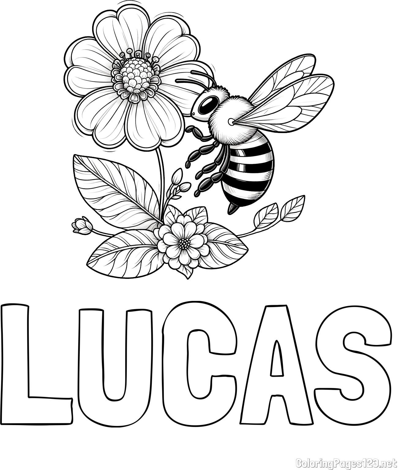 LUCAS Coloring Page and Children's Coloring Book of a Little Bee and Flowers
