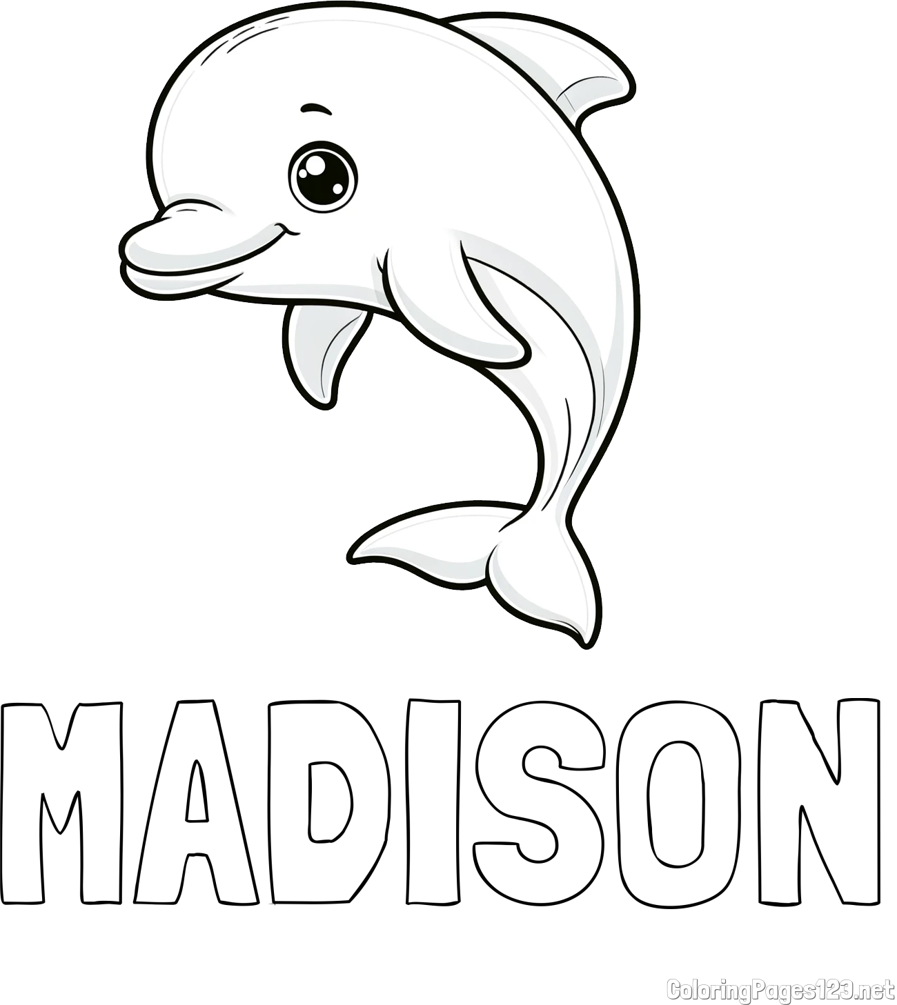MADISON Coloring Page and Children's Coloring Book of a Cute Dolphin