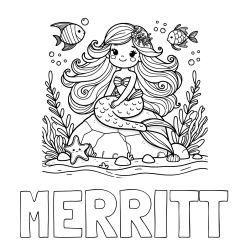 MERRITT Coloring Page and Coloring Page of a Cute Little Mermaid