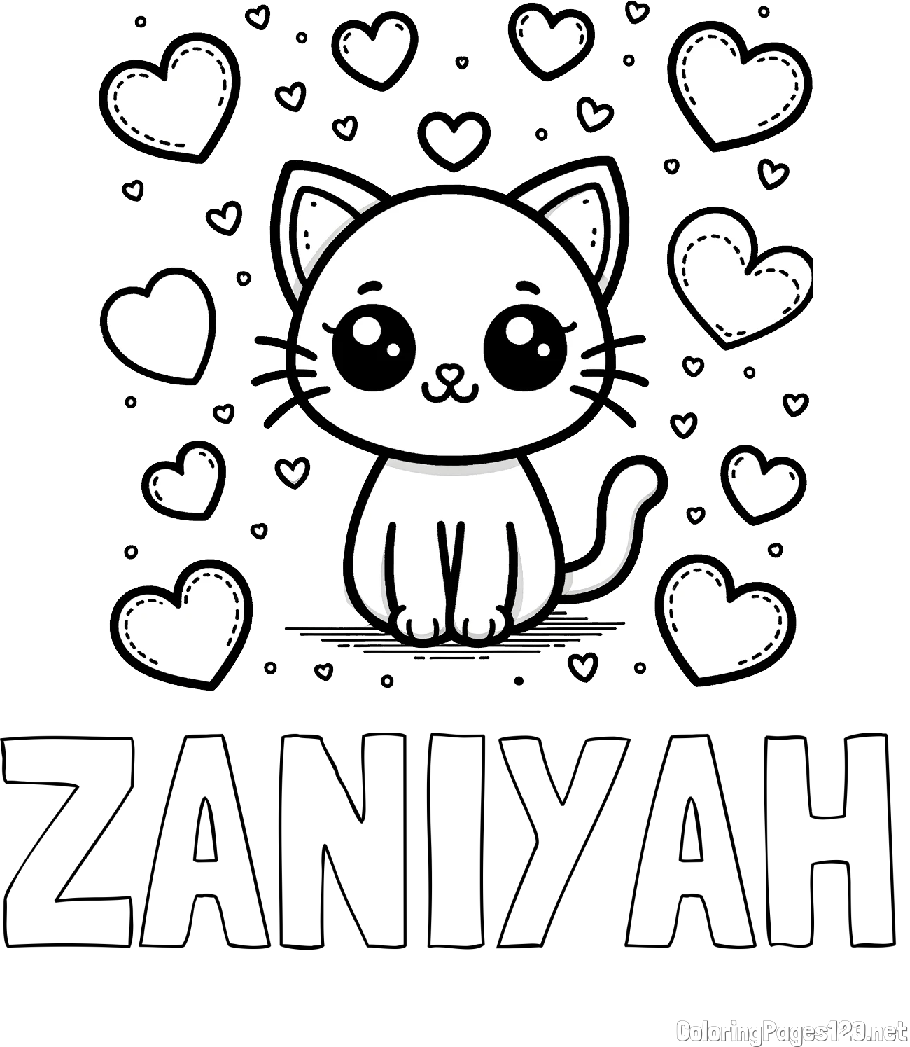 ZANIYAH Coloring Page and Free Coloring Page of a Cat and Hearts