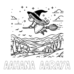 Online Created Coloring Page - AAHANA  AARAYA Coloring Page and Coloring Book of a Witch Flying on a Broom