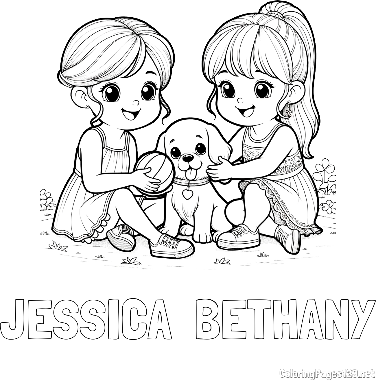 JESSICA  BETHANY Coloring Page and Coloring Page of Two Girls with a Dog