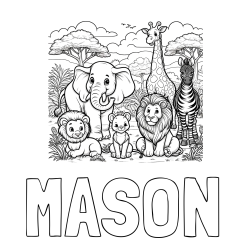 MASON Coloring Page and Beautiful Animal Coloring Page - Lion Family, Elephant, Giraffe, and Zebra