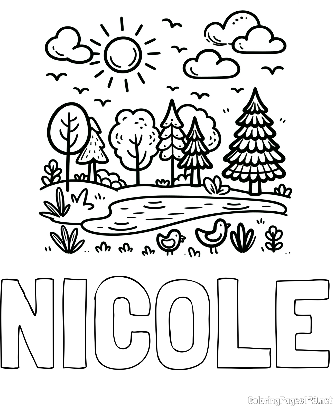NICOLE Coloring Page and Summer Coloring Page - Pond, Ducks and Forest