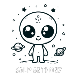 RALP ANTHONY Coloring Page and Cute Alien Coloring Page - Smiling with Planets and Stars