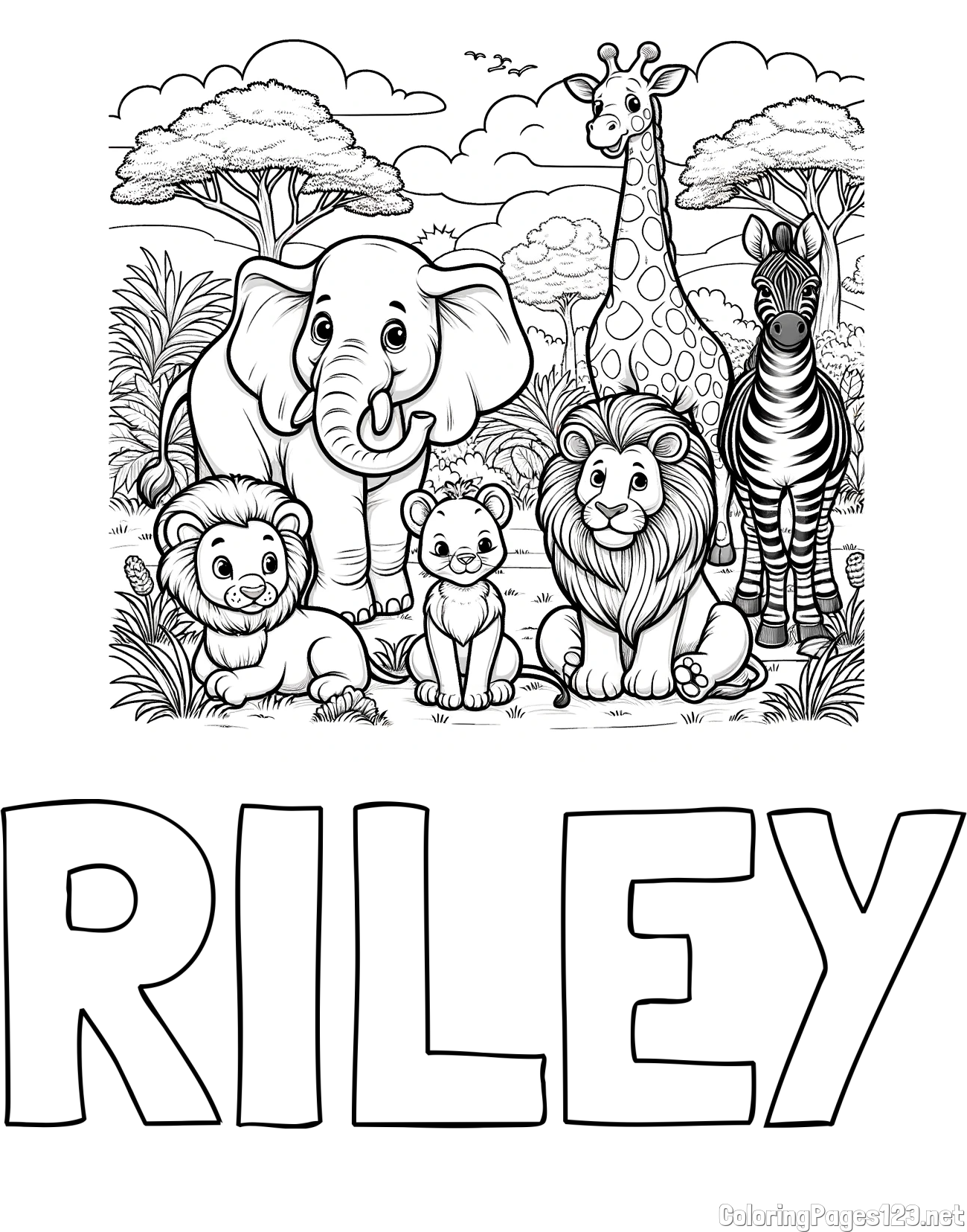 RILEY Coloring Page and Beautiful Animal Coloring Page - Lion Family, Elephant, Giraffe, and Zebra