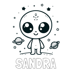 SANDRA Coloring Page and Cute Alien Coloring Page - Smiling with Planets and Stars