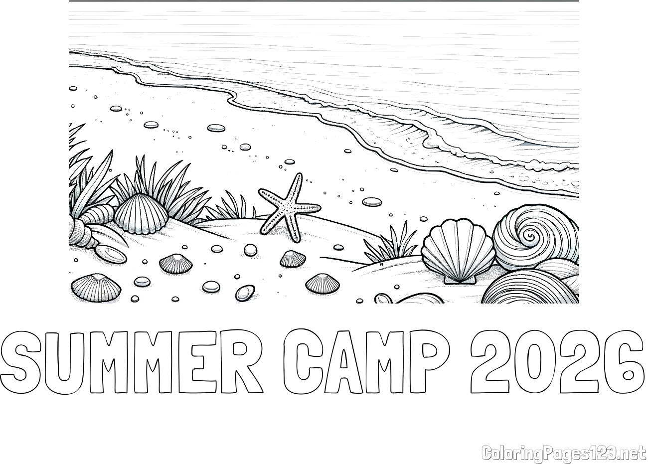SUMMER CAMP 2026 Coloring Page and Beautiful Seashore Coloring Page