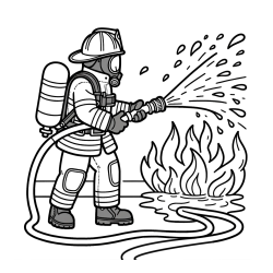 A coloring page of a firefighter and a big fire