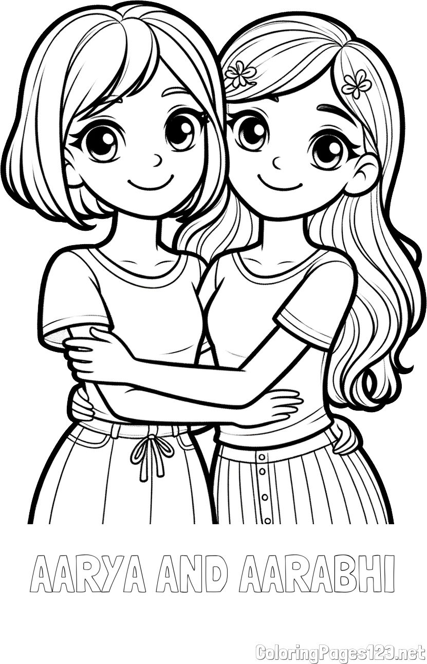 AARYA AND AARABHI Coloring Page and Coloring Page of Two Cute Girls Hugging Each Other (Best Friends Forever)