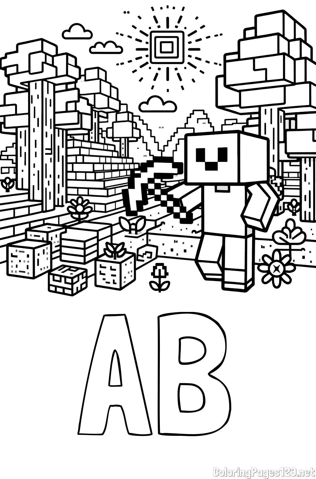 AB Coloring Page and Minecraft World Coloring Page