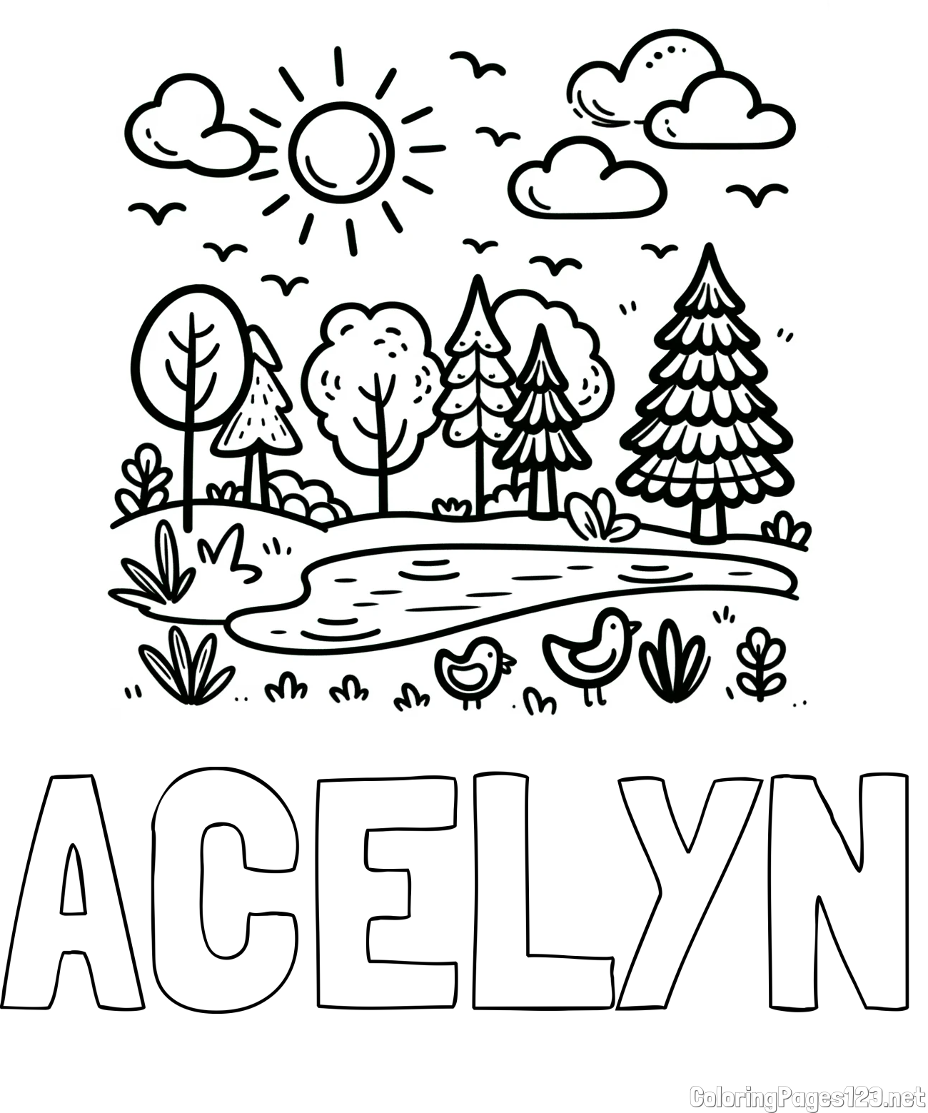 ACELYN Coloring Page and Summer Coloring Page - Pond, Ducks and Forest