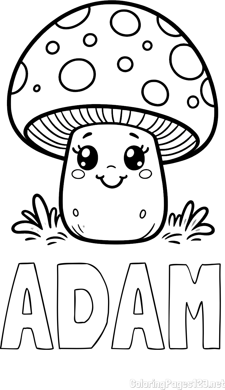 ADAM Coloring Page alongside Coloring Page of a Smiling Mushroom