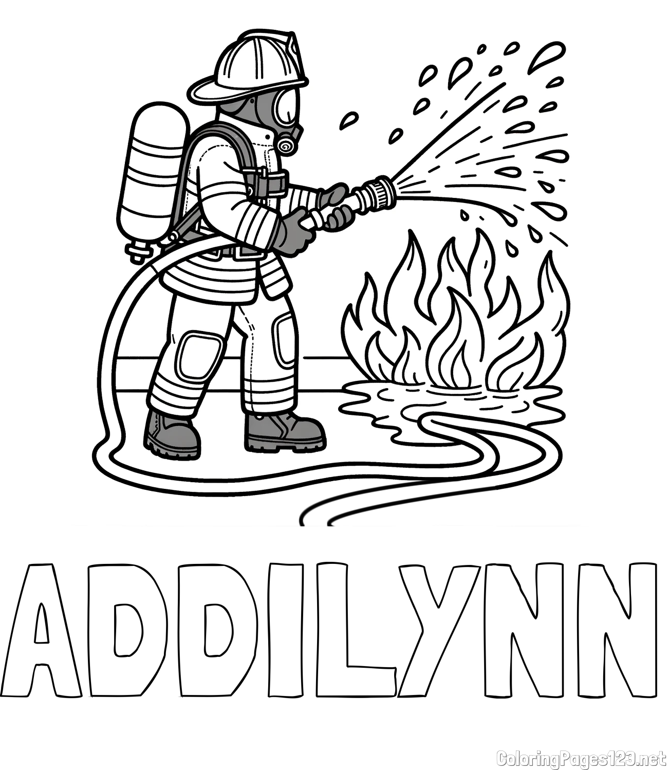 ADDILYNN Coloring Page and A coloring page of a firefighter and a big fire
