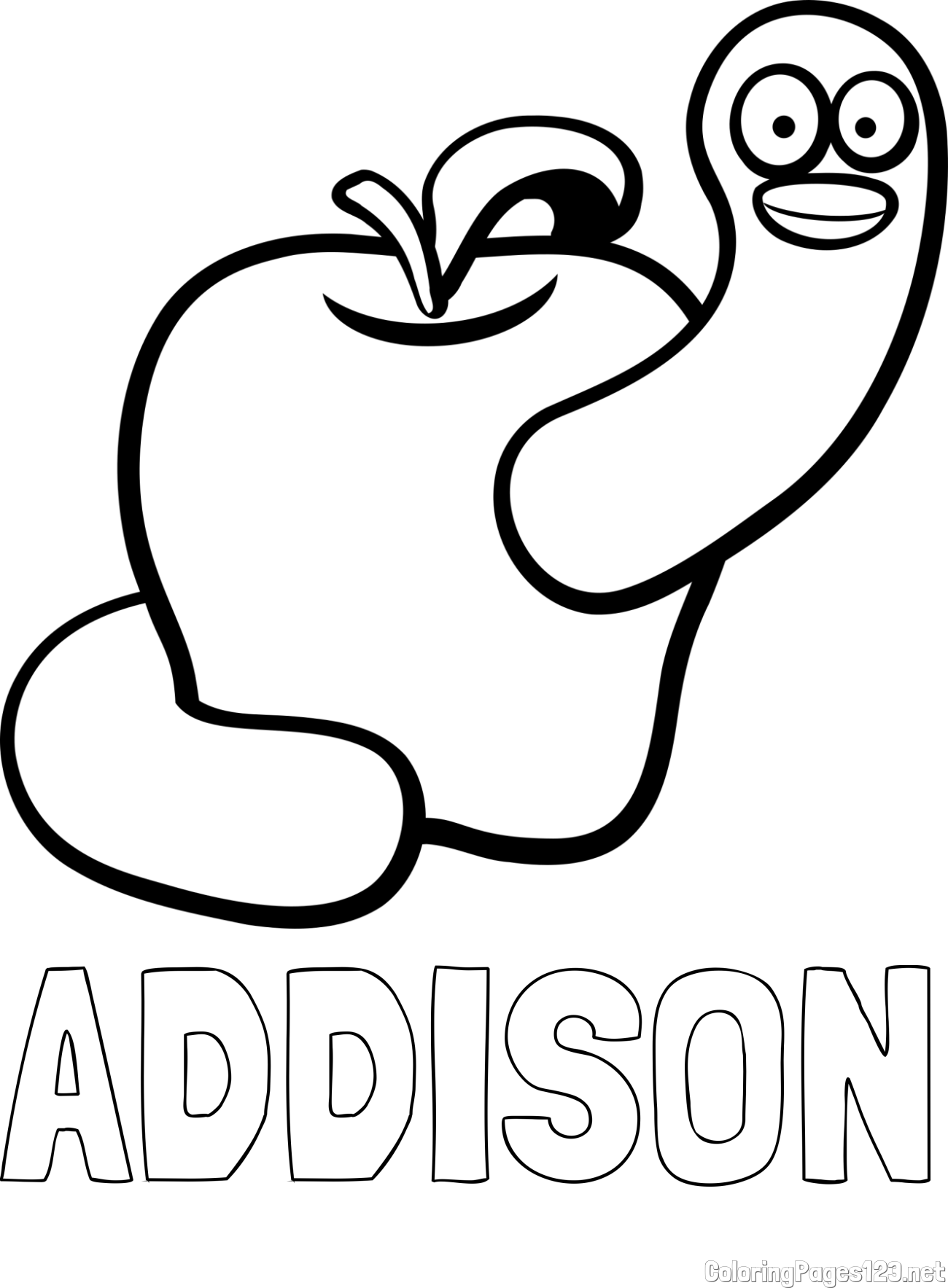 ADDISON Coloring Page and Apple and Smiling Worm Coloring Page