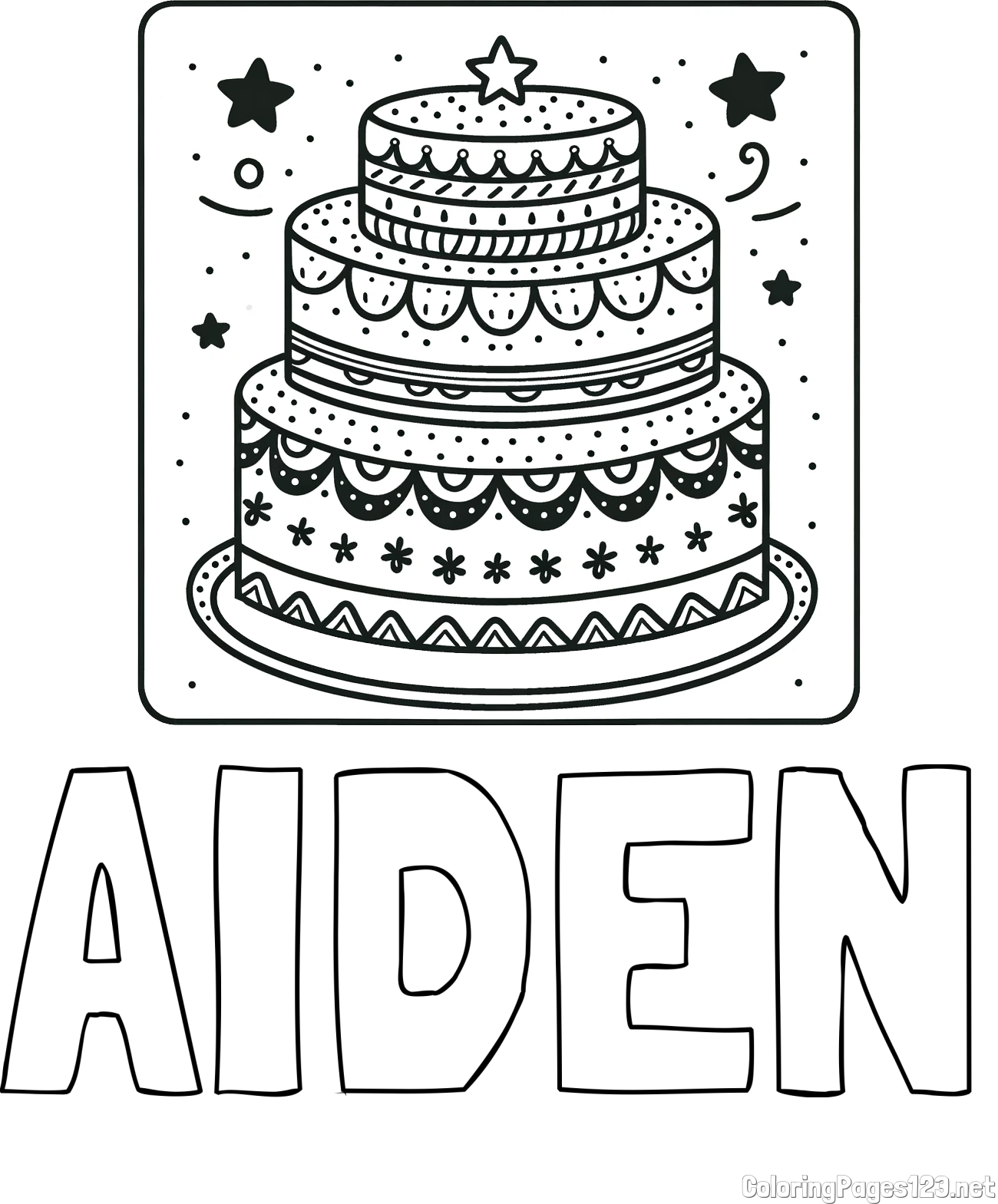 AIDEN Coloring Page and Big Cake Coloring Page