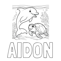 Online Created Coloring Page - AIDON Coloring Page and Coloring Book of a Cute Dolphin with a Turtle in the Sea