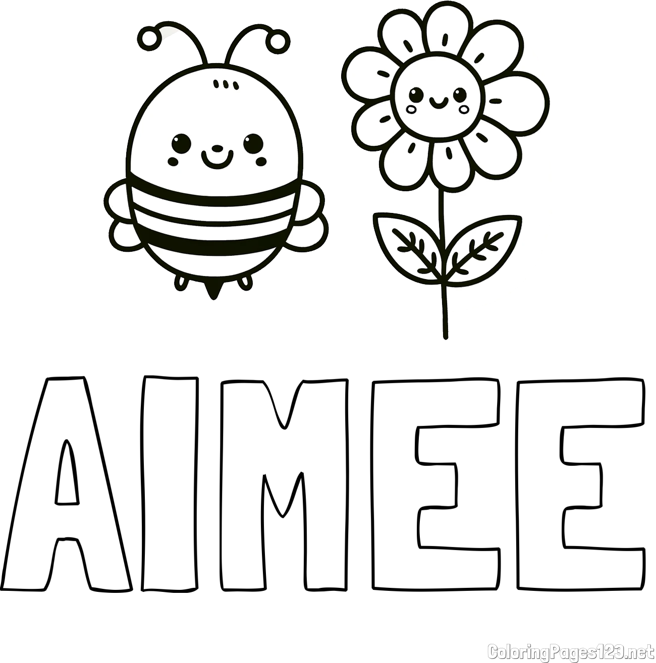 AIMEE Coloring Page and Coloring Page of a Cute Bee and Smiling Flowers