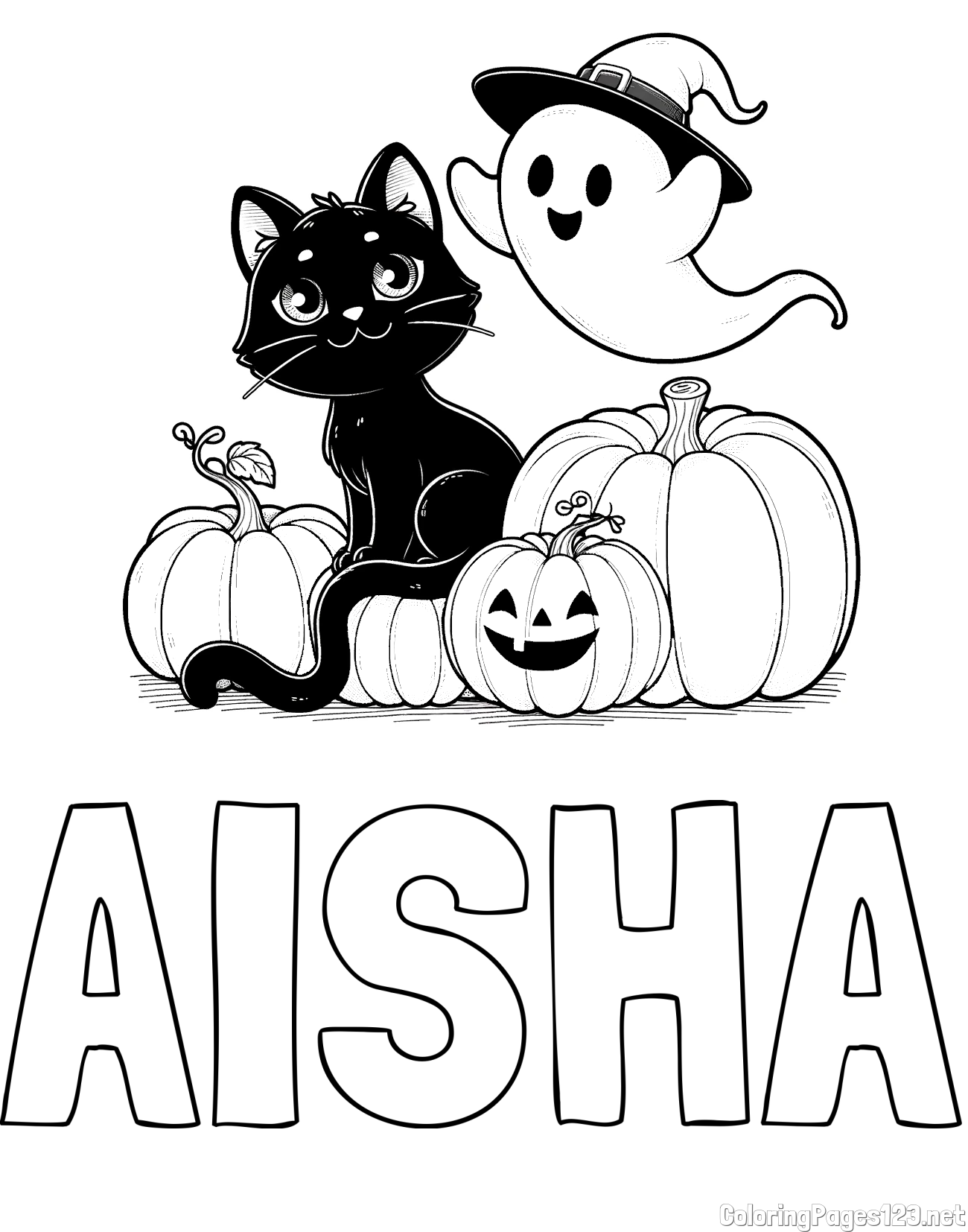 AISHA Coloring Page and Halloween Pumpkin Coloring Page for Kids - Happy Cat, Ghost, and Pumpkins