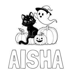 Online Created Coloring Page - AISHA Coloring Page and Halloween Pumpkin Coloring Page for Kids - Happy Cat, Ghost, and Pumpkins