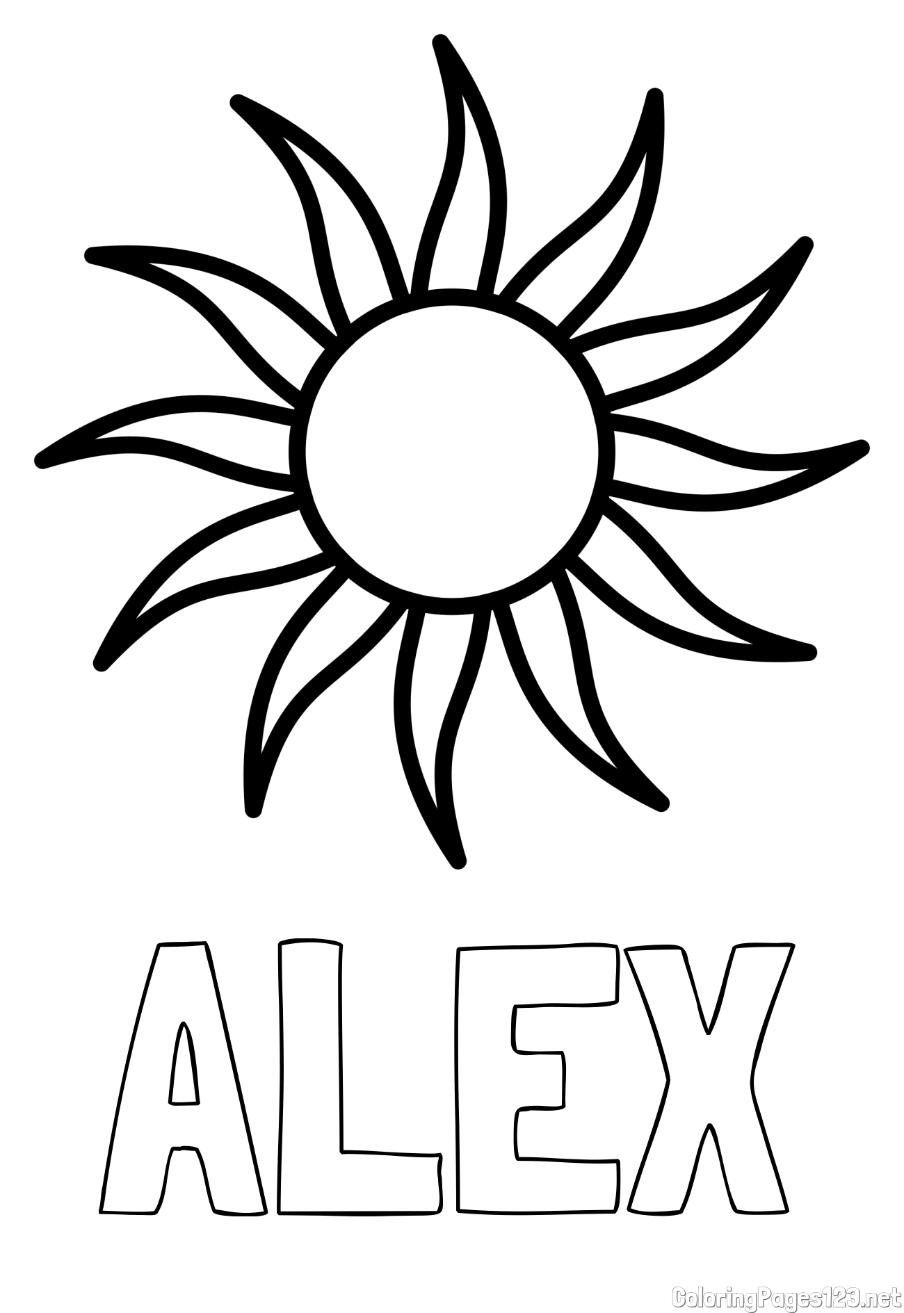 ALEX Coloring Page and Simple Sun Coloring Page for Kids