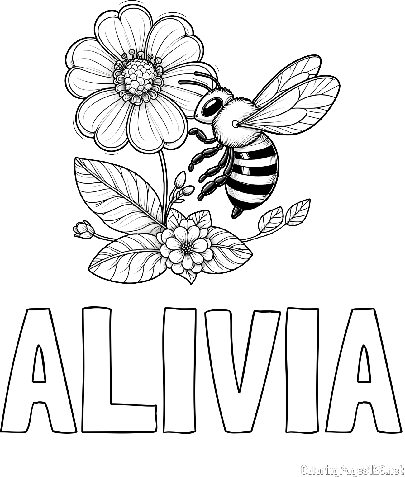 ALIVIA Coloring Page and Children's Coloring Book of a Little Bee and Flowers