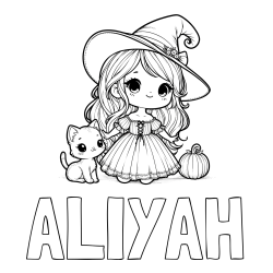 Online Created Coloring Page - ALIYAH Coloring Page and Coloring Page of a Cute Witch and a Cat