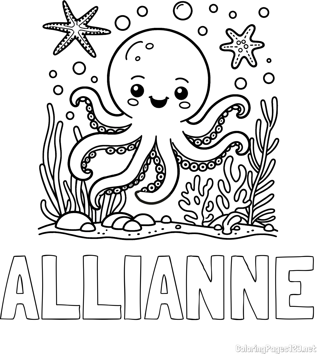 ALLIANNE Coloring Page and Coloring Page of a Cute Octopus in the Ocean