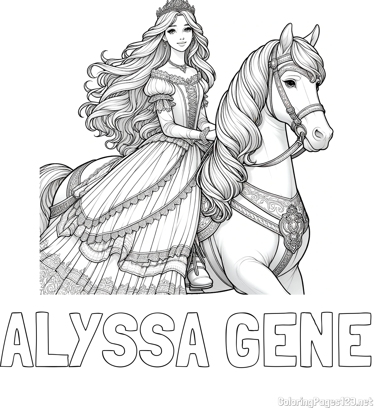ALYSSA GENE Coloring Page and Coloring Page of a Princess Riding a Horse