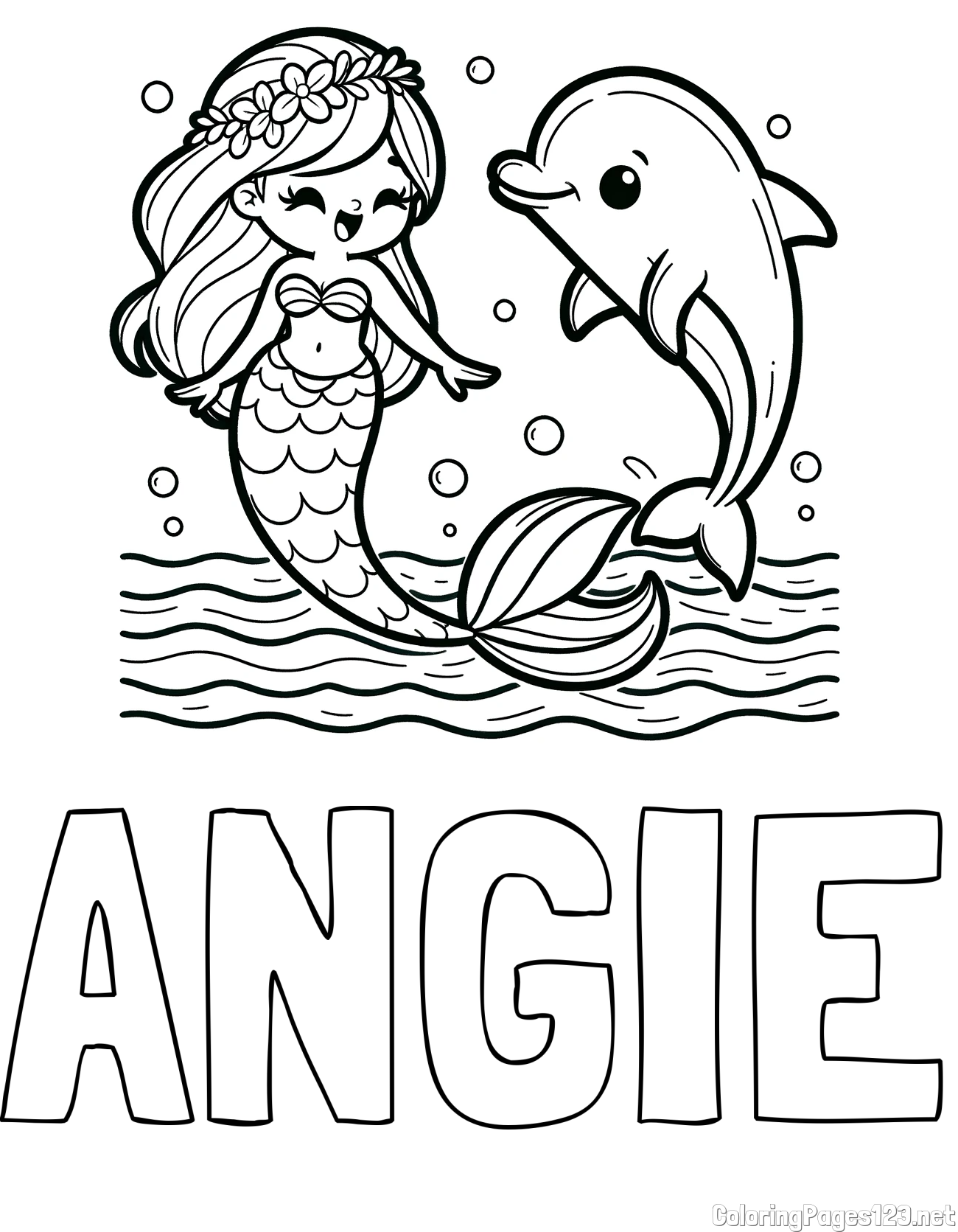 ANGIE Coloring Page alongside Coloring Page of a Cute Mermaid Dancing with a Dolphin