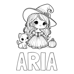 Online Created Coloring Page - ARIA Coloring Page and Coloring Page of a Cute Witch and a Cat